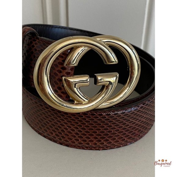Authentic Gucci Maroon Python Leather Gold Interlocking G Buckle Belt Size 75/30 - Picture 2 of 13